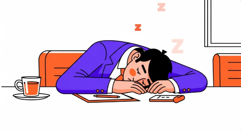 An illustration of a man in a suit asleep on a meeting table, next to a cup of tea and his notes