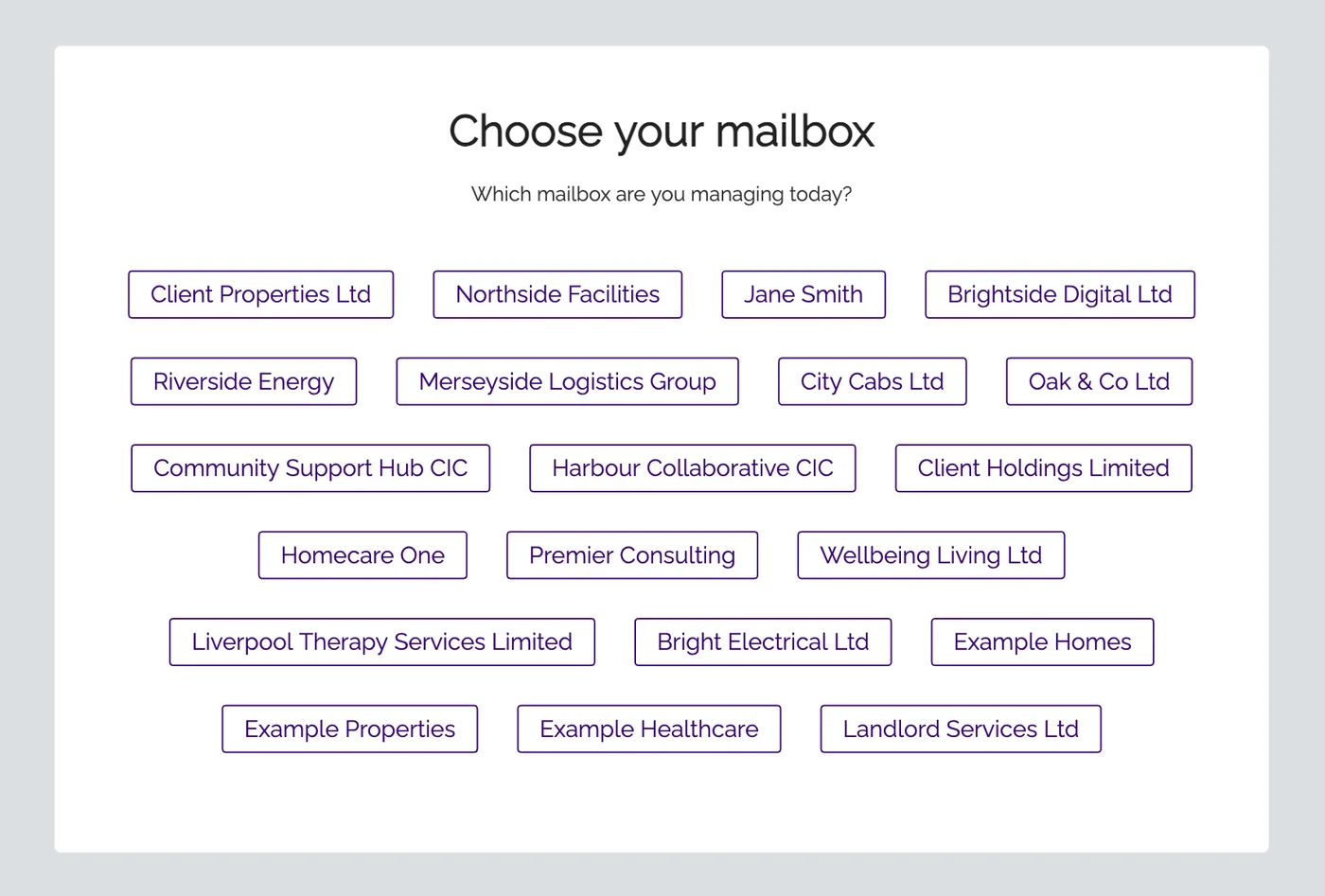 The PilotoMail 'Choose your mailbox' screen, listing example client companies under one accountant's login
