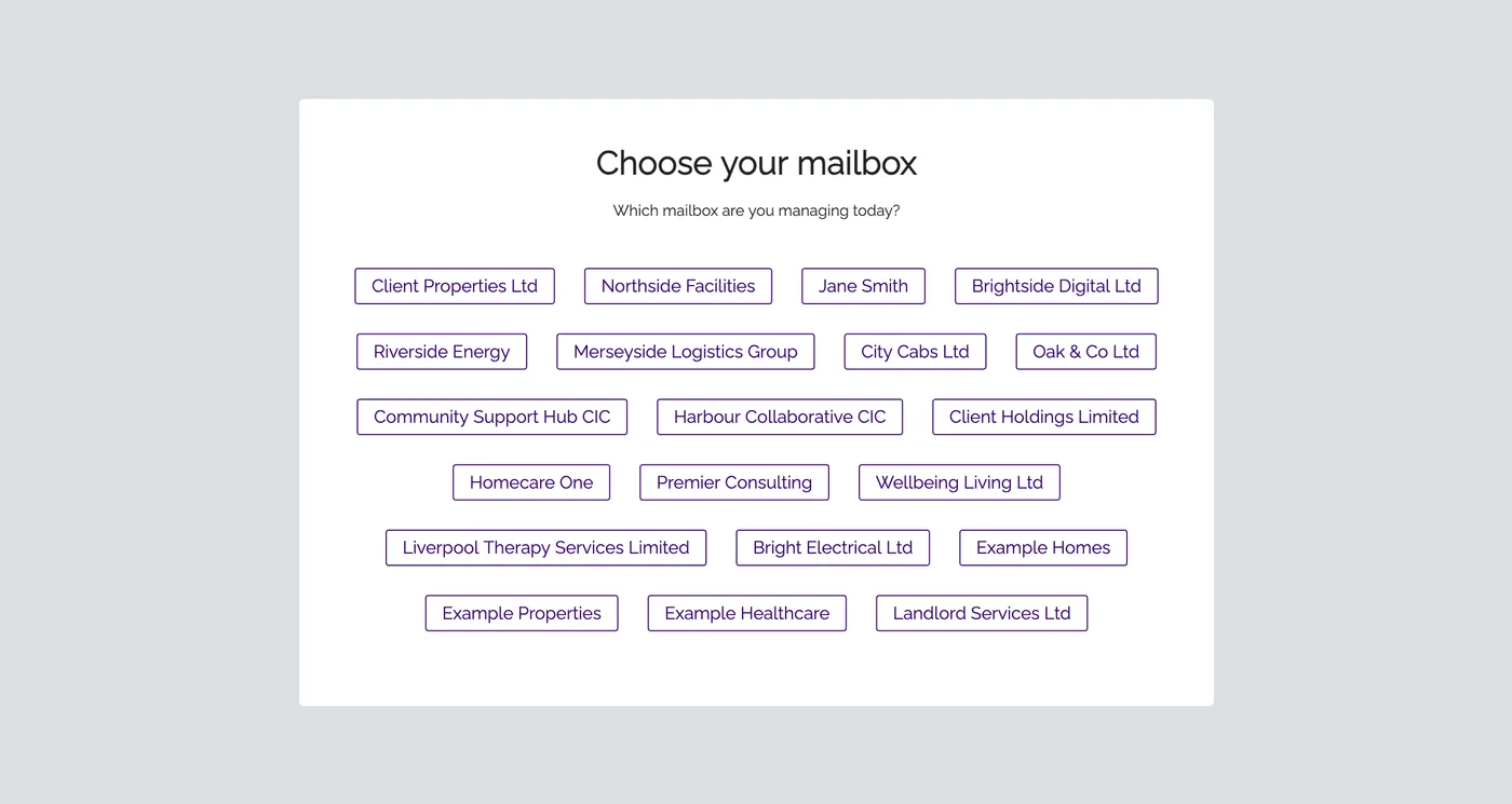 The PilotoMail 'Choose your mailbox' screen listing example client companies